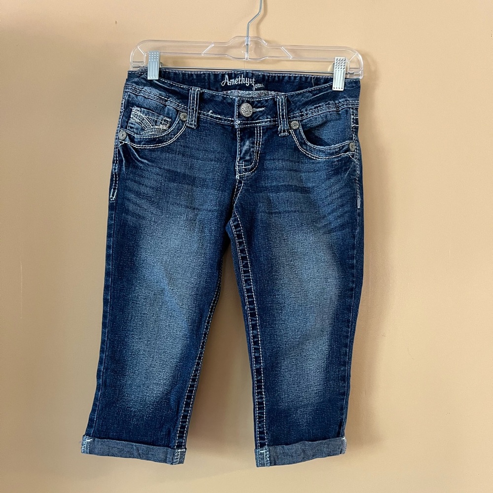 Amethyst Jeans capris Blue women’s size 5 Denim embellished pockets sequin 28x16 - Picture 6 of 13